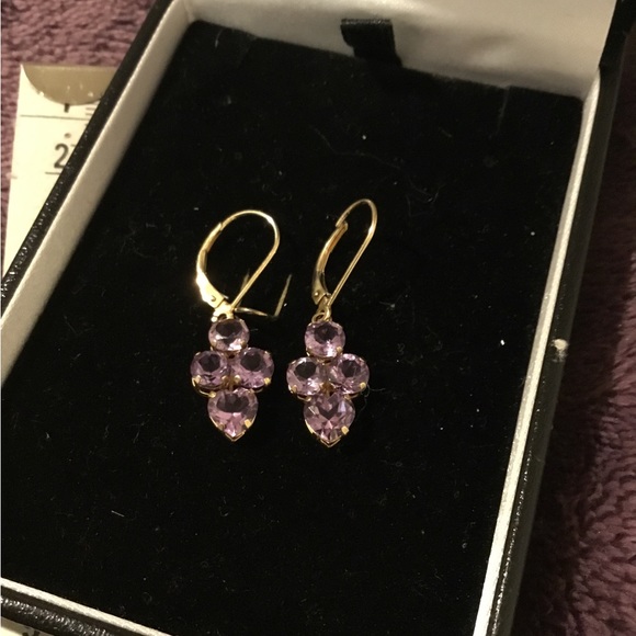 Vintage 14K Yellow Gold Amethyst Gemstone Lever Back Dangle Earrings
